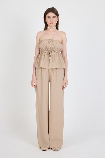 Rays Dark Stone Blue Strapless Blouse and Wide Leg Pants Two-Piece Set 5236