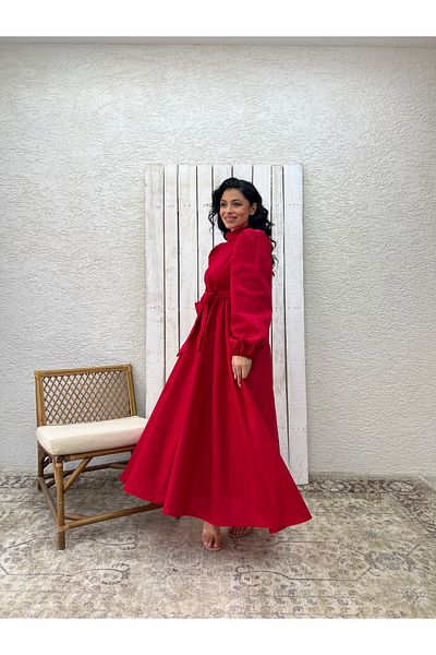 KÜÇÜĞÜM BUTİK Hijab Red Big Bow Poplin Flared Dress