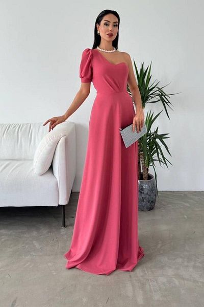 Mossta One Shoulder Balloon Sleeves Long Evening Dress - Pink