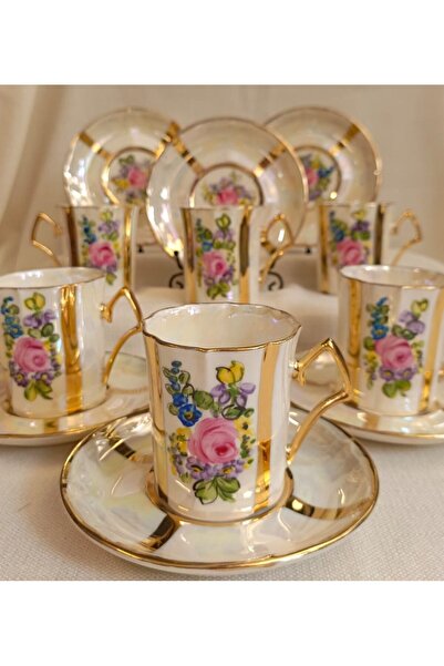 BY.RAYKA PORSELEN El Dekor طقم فناجين قهوة مرسومة يدويًا من البورسلين من تيرا