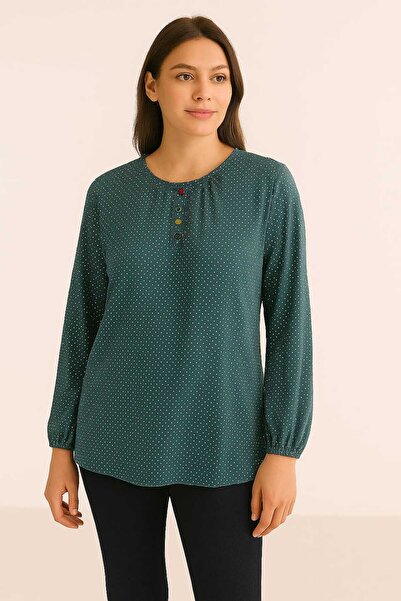 gigigiyim بلوزة من القطن الممشط منقوشة بنقاط وأكمام مطاطية باللون الأخضر