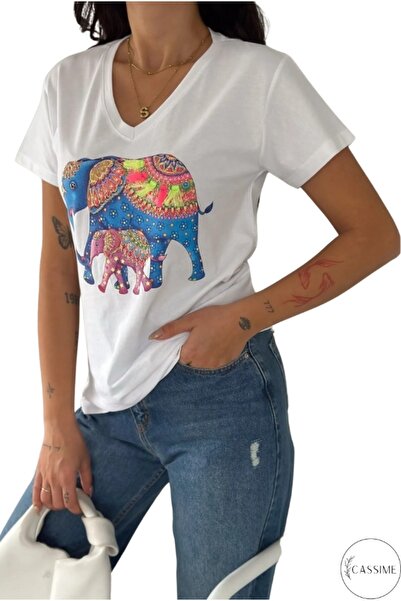 Cassime Women's White Color Elephant Embroidered 100% Cotton V-Neck T-Shirt