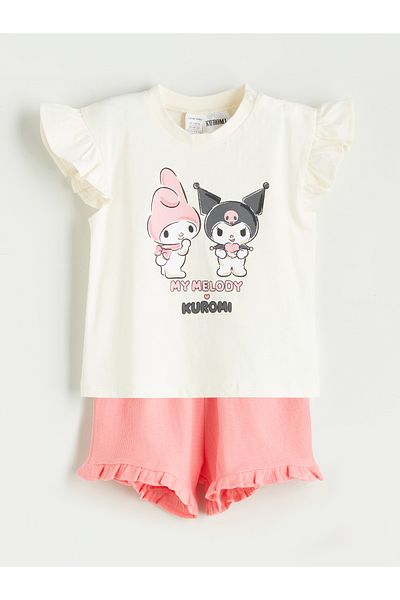 LC Waikiki Kurzarm-T-Shirt und Shorts für Mädchen mit Rundhalsausschnitt und Kuromi-Aufdruck