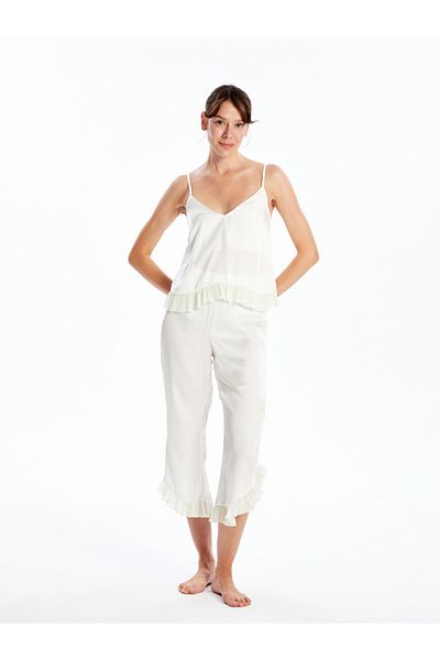 LC Waikiki Damen-Capri-Pyjama-Set aus Satin mit V-Ausschnitt und Trägern