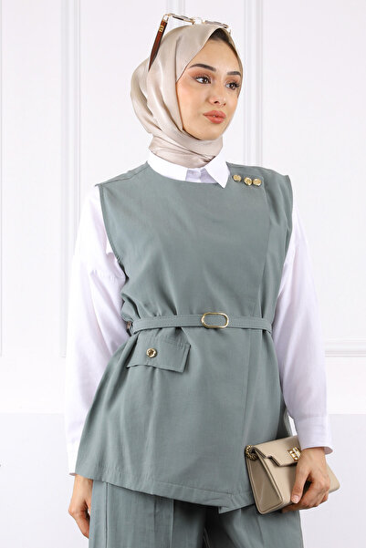 İmajButik Çağla Waist Belted Vest and Trousers Suit