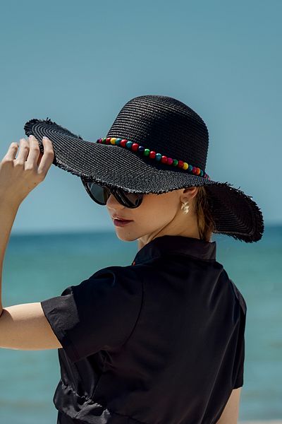 Remsa Mayo Colorful Bead Detailed Straw Beach Hat Rş-2087 Black