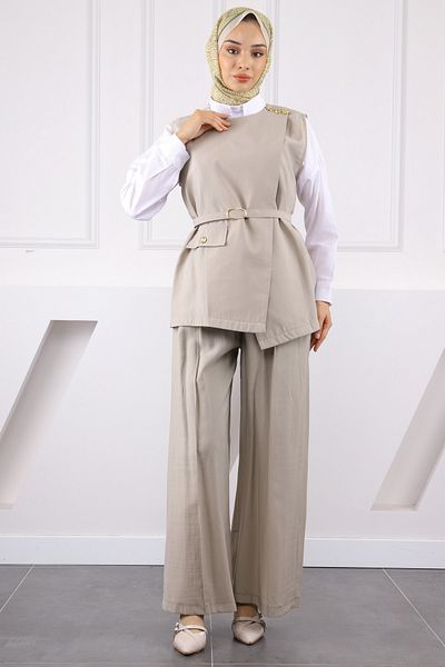 İmajButik Stone Waist Belted Vest and Trousers Suit
