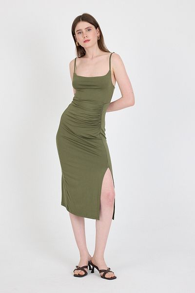 Rays Rochie țesută kaki cu bretele și detaliu draperie 21003