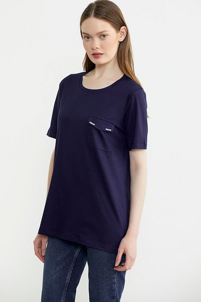 Sementa Tricou din bumbac pieptănat cu decolteu O cu detaliu de buzunar - bleumarin