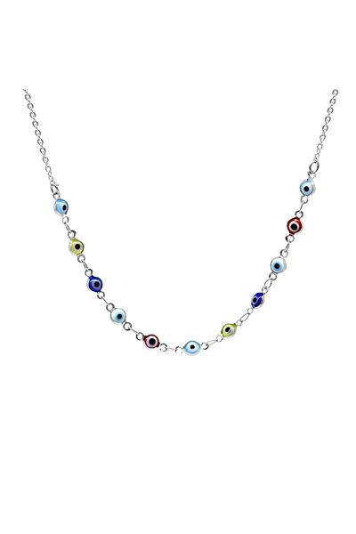 Tesbihane Silver Color Metal Chain Multicolored Enamel Evil Eye Bead Detailed Women's Necklace