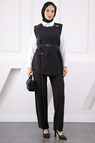 İmajButik Black Waist Belted Vest and Trousers Suit