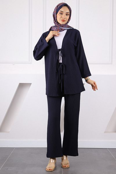 İmajButik Navy Blue Front Tie Wrap Kimono Pants Set