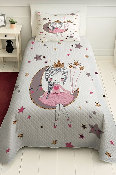 PRINTOPIA Girl Sitting on the Moon Patterned Girl's Single Pique Set