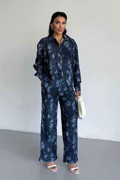 Ladima Women's Navy Blue Leaf Effect Crinkle Shirt Pants Bottom Top Set