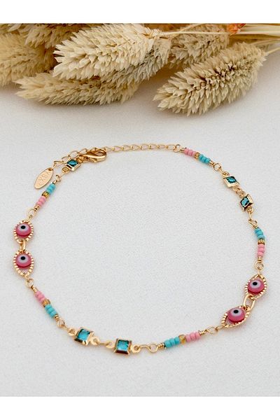 Siya Silver Colorful Steel Anklet with Evil Eye Beads