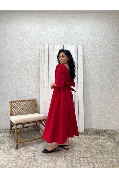 KÜÇÜĞÜM BUTİK Red Big Bow Square Neck Flared Poplin Dress