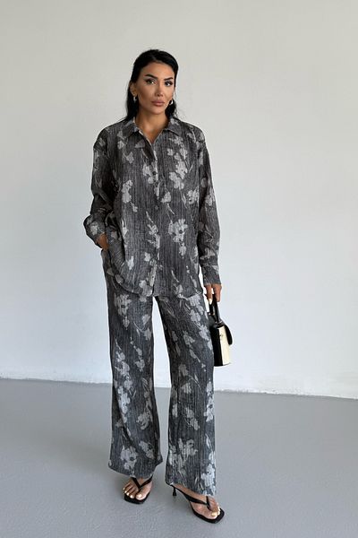 Bipantolon Women's Anthracite Leaf Effect Crinkle Shirt Pants Bottom Top Set