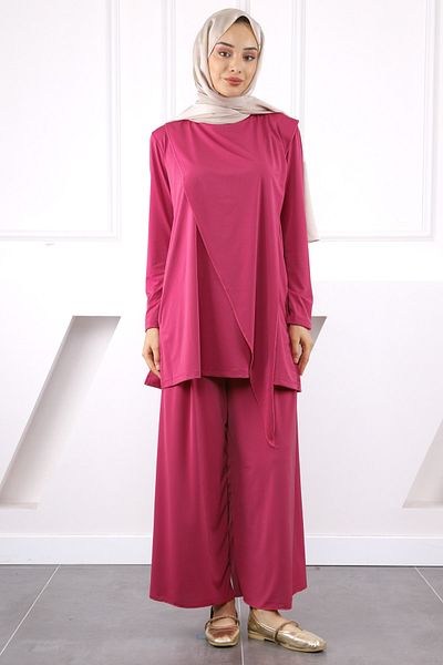 İmajButik Fuchsia Front Detailed Sandy Tunic Trousers Set