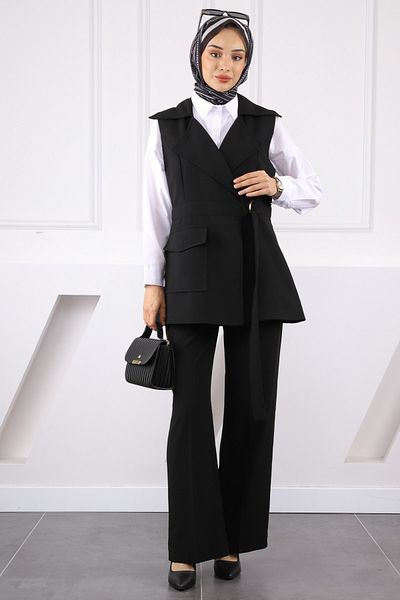 İmajButik Black Belted Vest and Trousers Suit