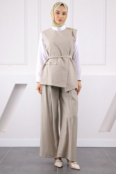 İmajButik Stone Waist Belted Vest and Trousers Suit