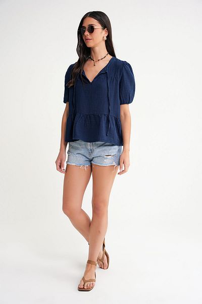 Mixray 4715 Women's Collar Tie Short Sleeve Muslin Blouse Navy Blue