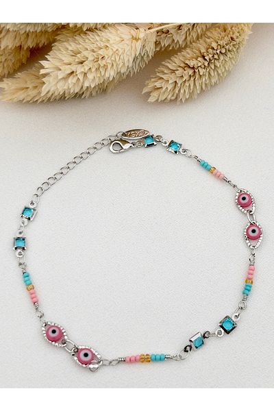 Siya Silver Colorful Steel Anklet with Evil Eye Beads