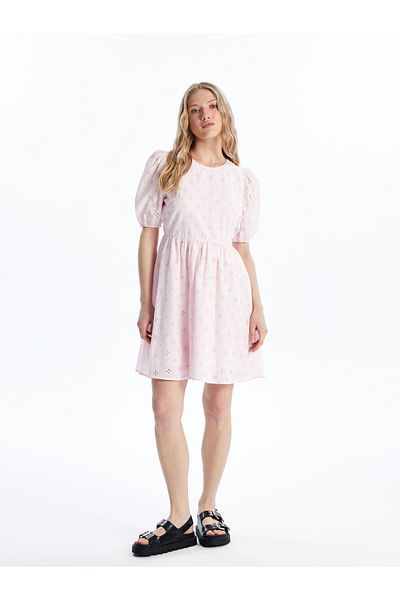 LC Waikiki Crew Neck Self Patterned Short Sleeve Embroidery Women's Dress