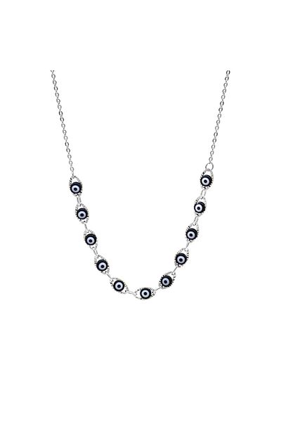 Tesbihane Silver Color Metal Chain Navy Blue Enamel Evil Eye Bead Detailed Women's Necklace