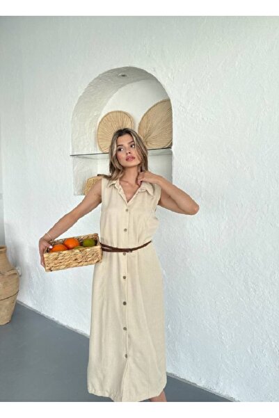 Bleu Petite Πουκάμισο με γιακά με πλήρες κουμπί Λεπτομερές λινό μακρύ φόρεμα