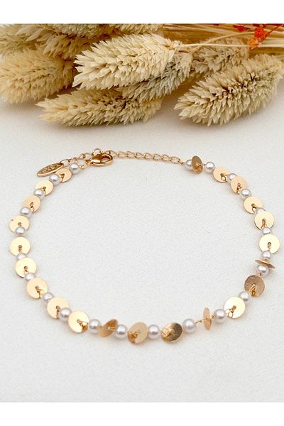 Siya Silver Steel Anklet with Sequin Pearl