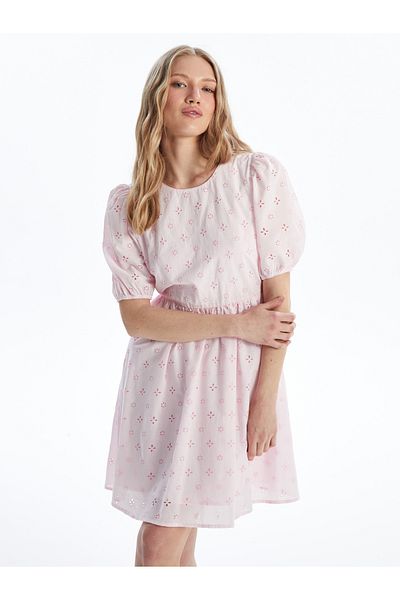 LC Waikiki Crew Neck Self Patterned Short Sleeve Embroidery Women's Dress