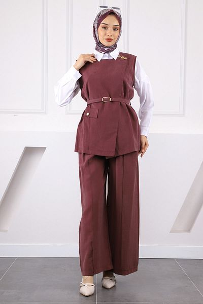 İmajButik Plum Waist Belted Vest and Trousers Suit