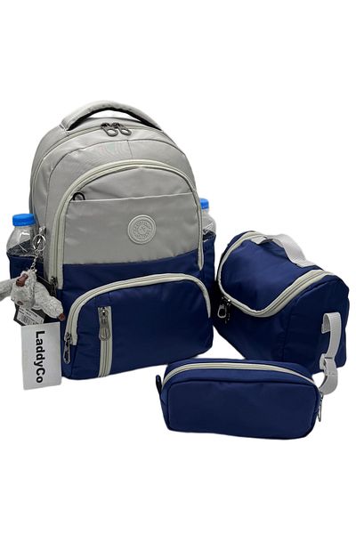 LaddyCo First School Bag Set of 3 Unisex Children's Primary School Bag Ldc-8010 Gray-Navy Blue