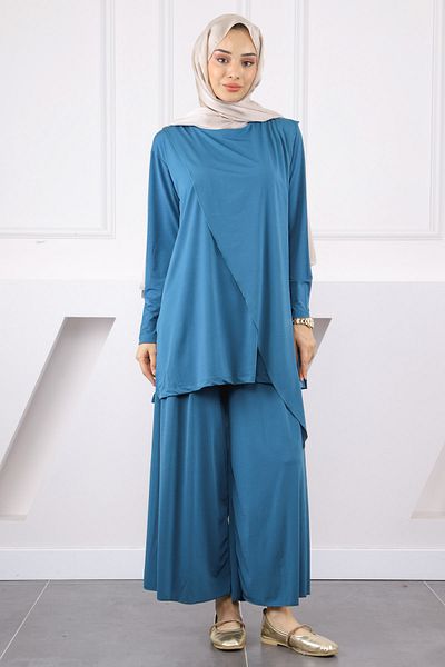 İmajButik Petrol Green Front Detailed Sandy Tunic Trousers Set