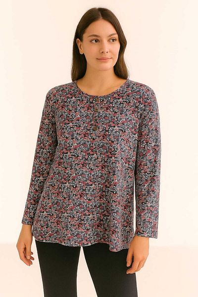 gigigiyim Complete Floral Patterned Mother Combed Cotton Blouse Purple