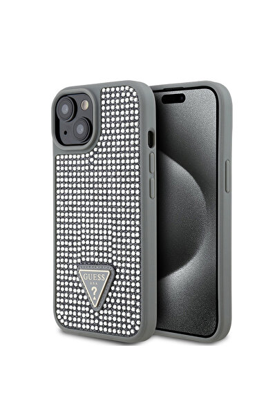 Guess iPhone 15 Uyumlu Kılıf Guess Lisanslı Taşlı Arka Yüzey Üçgen Logolu Kap...