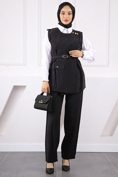 İmajButik Black Waist Belted Vest and Trousers Suit