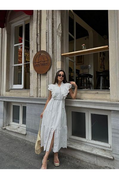 SUN STYLE Βαμβακερό φόρεμα με βολάν μπροστά με μηδενικά μανίκια με κορδόνια
