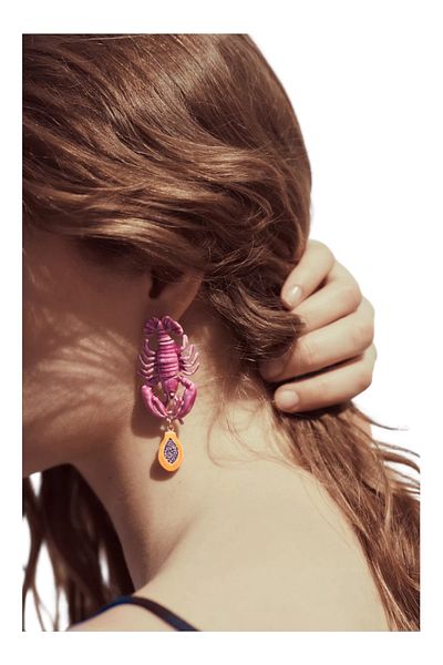 Finery by Nerrs Zr Model, Embossed, Fruit Detail, Pink Lobster Earrings