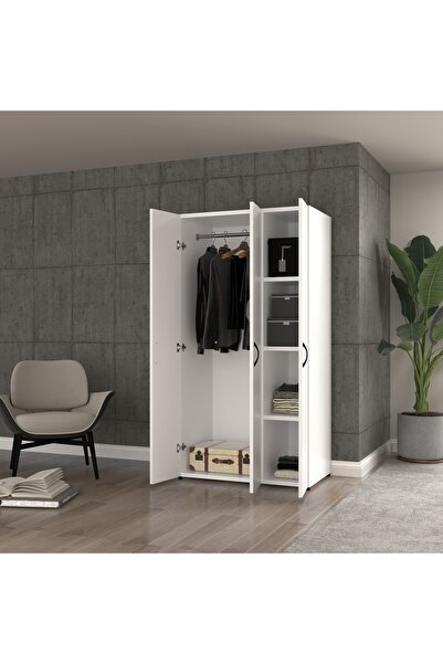 EVA İTHALAT Ugi 3 Kapaklı Beyaz Elbise Dolabı / Toparlayıcı / Çok Amaçlı Dolap 90