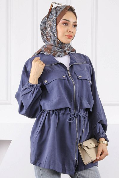 İmajButik Μπουφάν με διπλή τσέπη με μπλε ναυτικό δεμένο στη μέση
