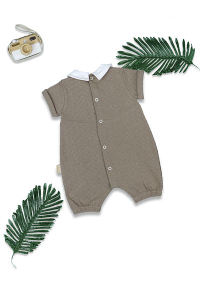 Nehad Bebe Beige Baby Boy Summer Jumpsuit Cotton Short Sleeve Breathable Fabric Snap Model