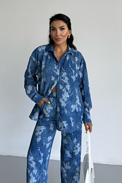 Bipantolon Women's Indigo Leaf Effect Crinkle Shirt Pants Bottom Top Set