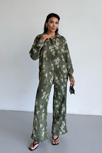 Bipantolon Women's Green Leaf Effect Crinkle Shirt Pants Bottom Top Set