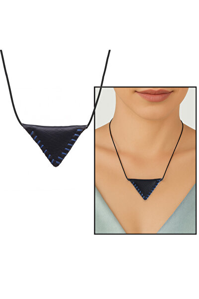 Tesbihane Siyah İp Zincirli Kişiye Özel İsim Yazılı Lacivert Gerçek Deriden El Yapımı Kadın Cevşen