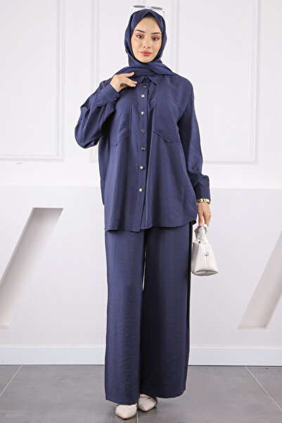 İmajButik Σετ παντελονιού Modal με τσέπες Navy Blue