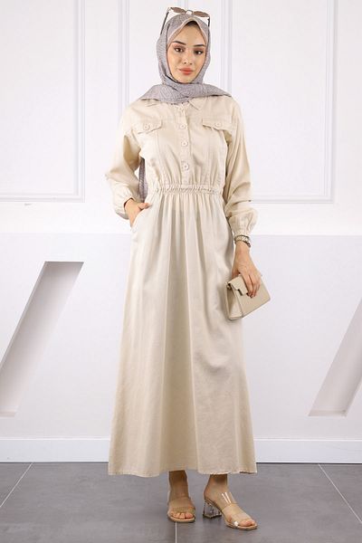 İmajButik Φόρεμα Gabardine με μπεζ ελαστική μέση και τσέπη