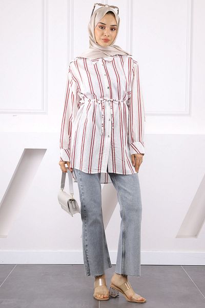 İmajButik Burgundy Stone Detailed Striped Tunic