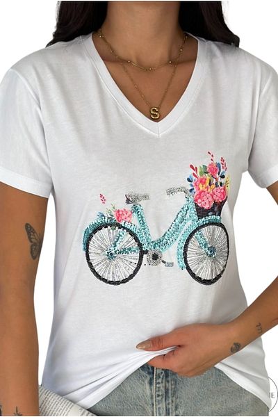 Cassime Tricou pentru femei, culoare albastră, cu paiete, brodat, 100% bumbac, cu decolteu în V, S-M-L