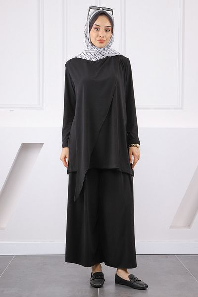İmajButik Black Front Detailed Sandy Tunic Trousers Set